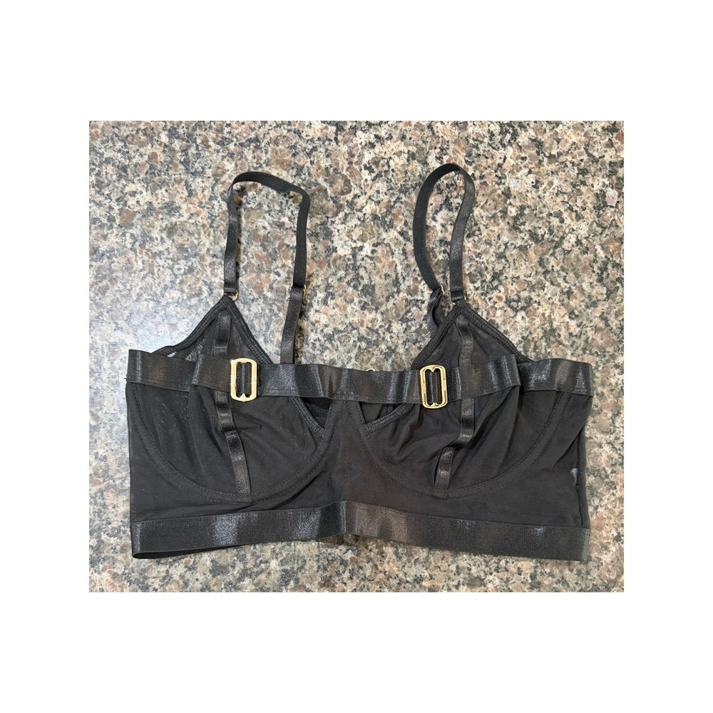 Forplay Black Mesh Underwire Bralette‎ Gold Hardware Back Zipper Sheer Lingerie